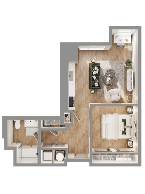 Floor plan for 1 bed, 1 bath, 652 sqft